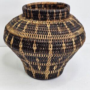 Handwoven Wicker Basket Vase Tribal Geometric Black Tan Decorative Pot 6"